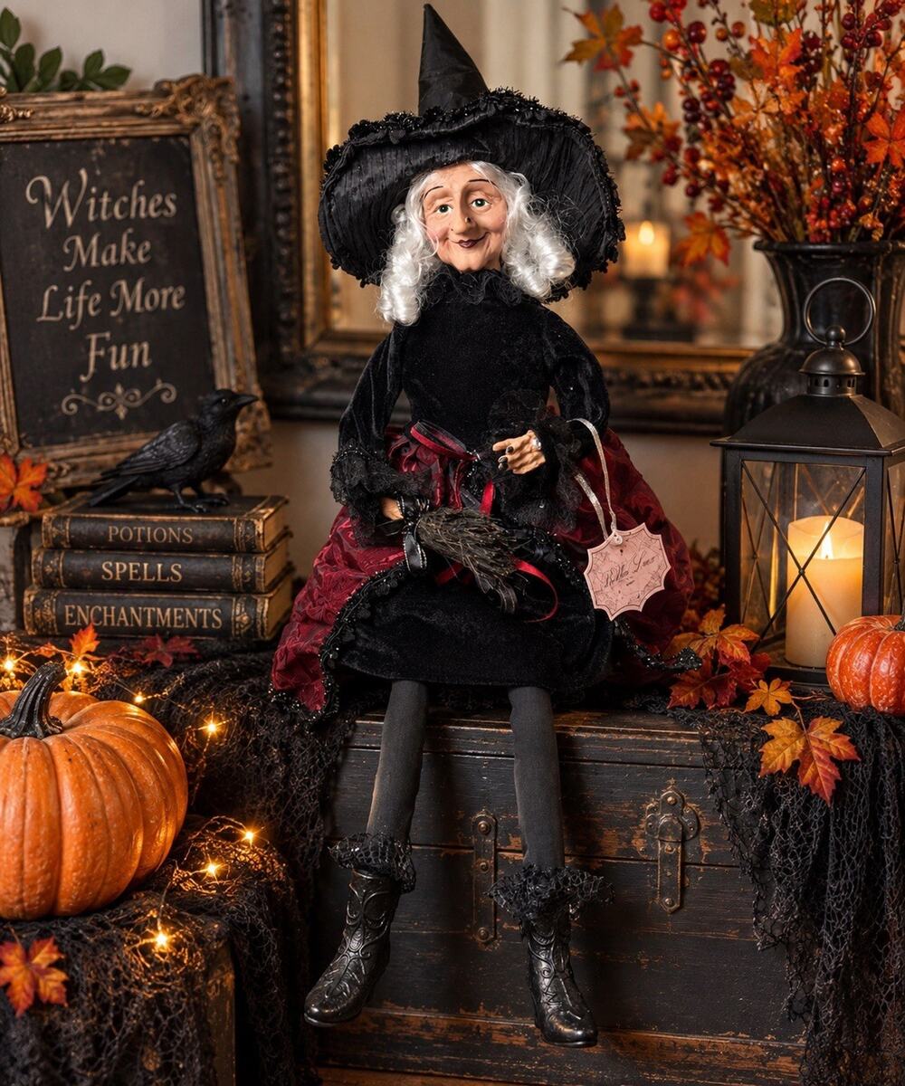 Bella Lux Halloween Witch Doll 25” Burgundy Black Broom Large Decor